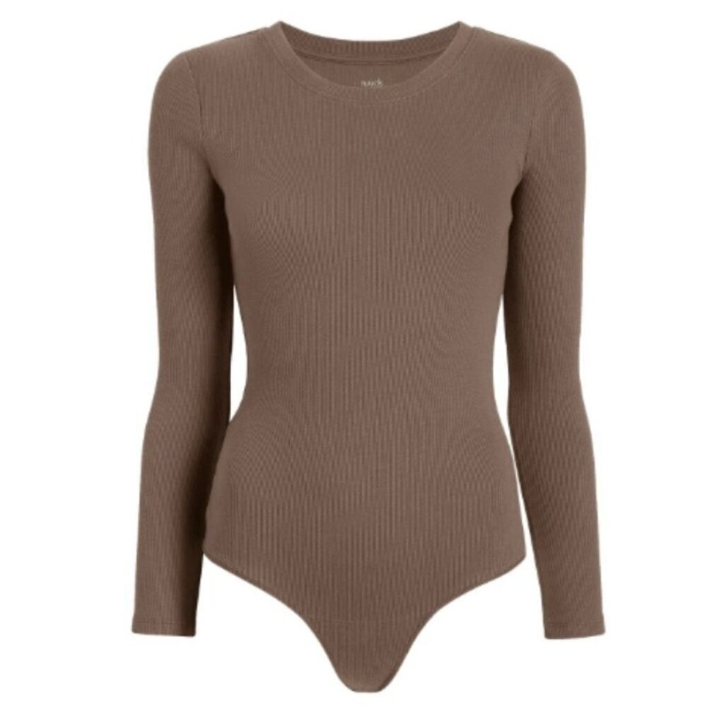 Nuuds Ribbed Mocha Long Sleeve Bodysuit Size Small Casual Fitted Preowned